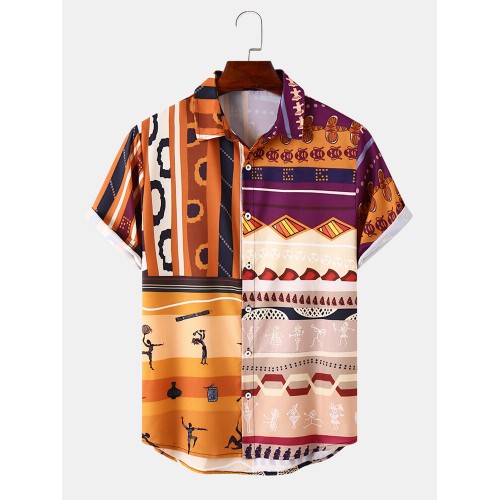 Mens Tribal Ornament Patchwork Print Short Sleeve All Matched Shirts Mens Tribal Ornament Patchwork Print Short Sleeve All Matched Shirts