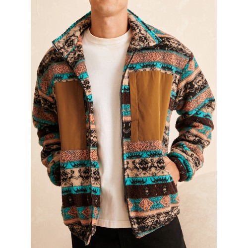 Men Ethnic Striped Fleece Patch Side Pockets Zipper Collar Jackets Men Ethnic Striped Fleece Patch Side Pockets Zipper Collar Jackets