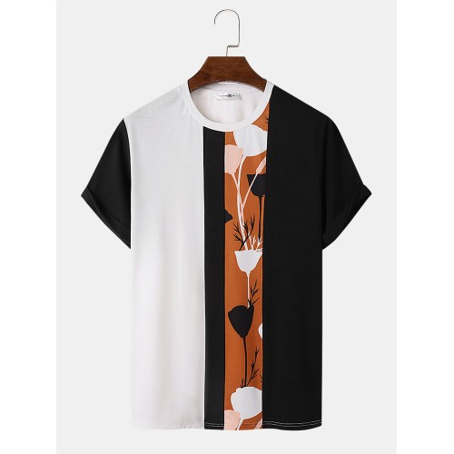 Mens Plants Color Block Patchwork Crew Neck Short Sleeve T Shirts Mens Plants Color Block Patchwork Crew Neck Short Sleeve T Shirts