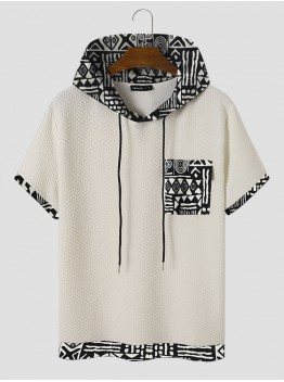 Mens Monochrome Geometric Print Splice Texture Short Sleeve Hooded T  Shirts