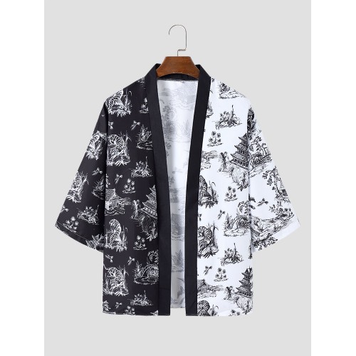 Mens Two Tone Tiger Print Hit Trim Front Open Kimonos Mens Two Tone Tiger Print Hit Trim Front Open Kimonos
