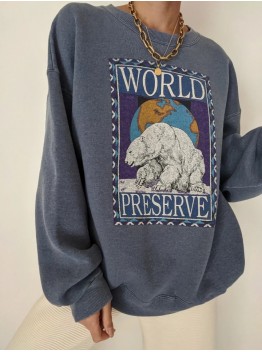 Polar bear print loose round neck T-shirt  HF0108-04-04