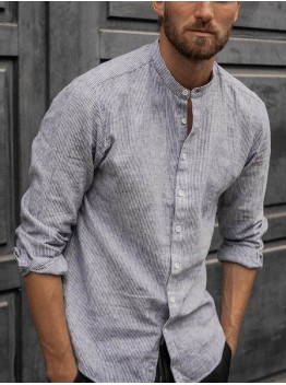 Men's loose sleeve cotton and linen shirt with stand collar HF0902-03-01