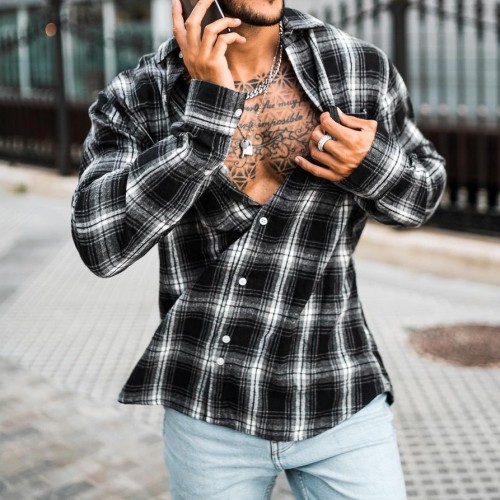 Motorcycle style Chicano long sleeved black and white plaid HF3204-01-04 Motorcycle style Chicano long sleeved black and white plaid HF3204-01-04