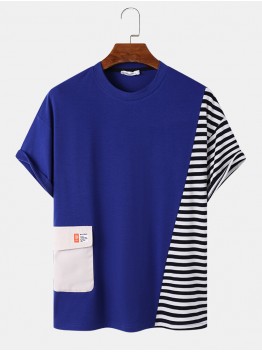 Mens Stripe Patchwork Flap Pocket Casual Short Sleeve T  Shirts