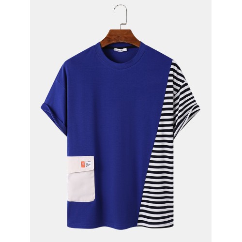 Mens Stripe Patchwork Flap Pocket Casual Short Sleeve T Shirts Mens Stripe Patchwork Flap Pocket Casual Short Sleeve T Shirts