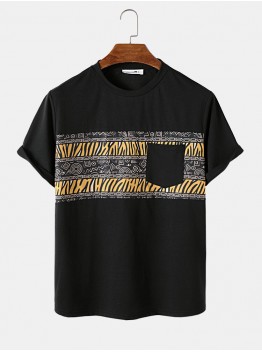 Mens Tribal Geometric Print Patchwork Pocket Short Sleeve T  Shirts
