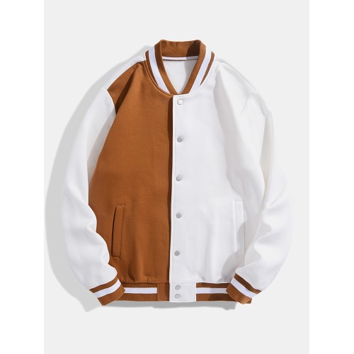 Men Color Block Button up Pockets Striped Hem Baseball Jackets Men Color Block Button up Pockets Striped Hem Baseball Jackets