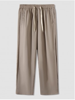 Men Solid Color Drawstring Elastic Waist Straight Wide Legged Casual Pants
