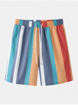 Men Colorful Striped Holiday Loose Drawstring Shorts With Pocket