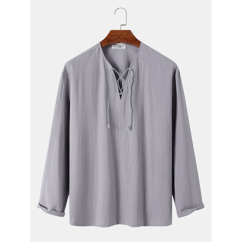 Mens Solid Color Bandage V Neck Cotton Long Sleeve T Shirts Mens Solid Color Bandage V Neck Cotton Long Sleeve T Shirts