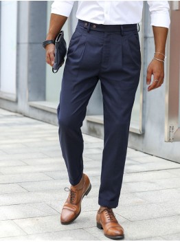 Men Solid Color Formal Side Button Pockets Ankle Length Business Pants