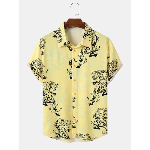 Mens Tiger Graphic Lapel Collar Short Sleeve Soft Comfy Shirts Mens Tiger Graphic Lapel Collar Short Sleeve Soft Comfy Shirts