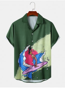 Mens Surfing Girls Print Vacation Hem Cuff Short Sleeve Shirts