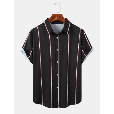 Mens Vertical Stripe Button Up Preppy Short Sleeve Shirts