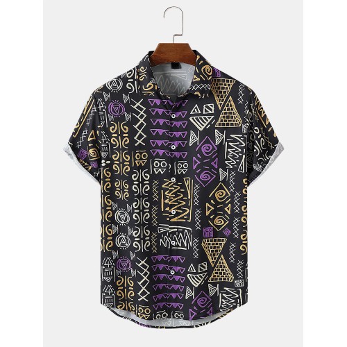 Mens Tribal Print Icon Pattern Retro Curved Hem Shirts Mens Tribal Print Icon Pattern Retro Curved Hem Shirts