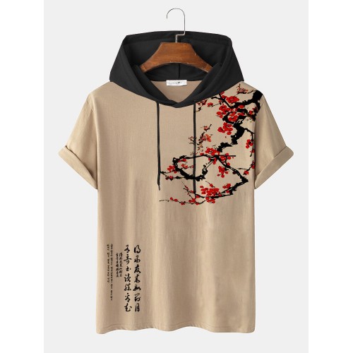 Mens Plum Bossom Character Print Contrast Short Sleeve Hooded T Shirts Mens Plum Bossom Character Print Contrast Short Sleeve Hooded T Shirts