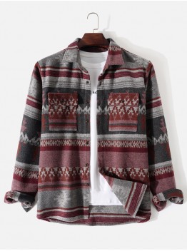 Men Christmas Elk Snowflake Printed Striped Chest Pocket Jackets