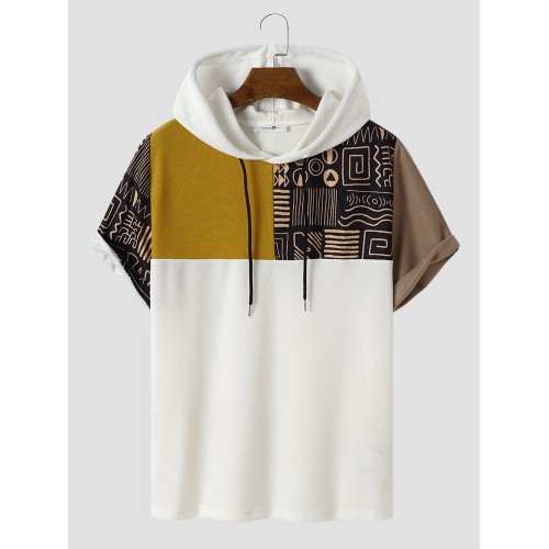 Mens Tribal Patchwork Printed Short Sleeve Hooded T Shirts Mens Tribal Patchwork Printed Short Sleeve Hooded T Shirts