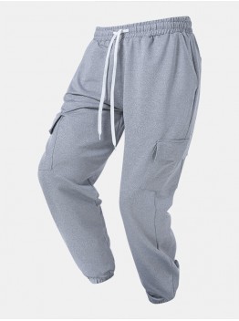 Men Solid Color Utility Street Long Multi Pockets Elastic Waist Soft Overalls