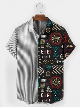 Mens Tribal Print Striped Patchwork Short Sleeve All Matched Shirts