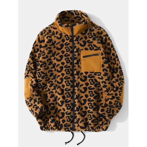 Men Leopard Fleece Patch Pocket Stand Collar Drawstring Hem Jackets Men Leopard Fleece Patch Pocket Stand Collar Drawstring Hem Jackets