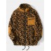 Men Leopard Fleece Patch Pocket Stand Collar Drawstring Hem Jackets Men Leopard Fleece Patch Pocket Stand Collar Drawstring Hem Jackets